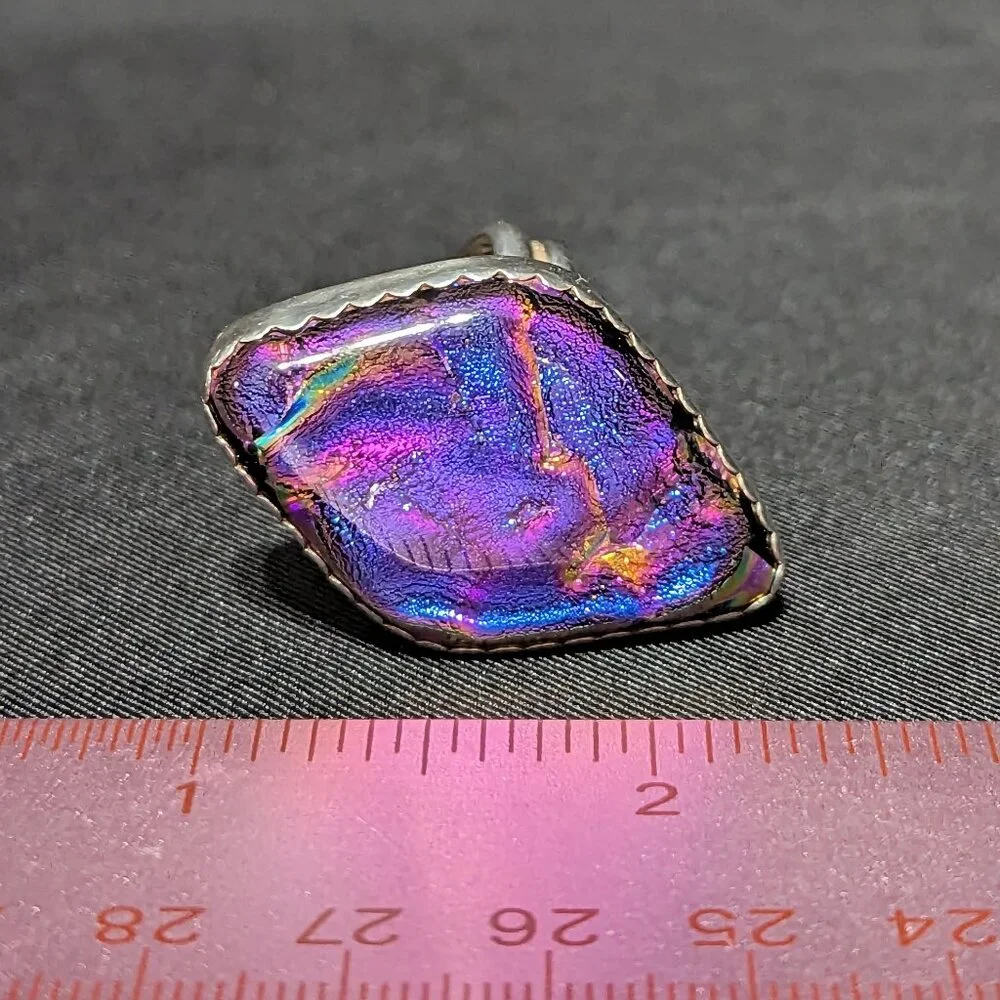 WOW Signed Purple Magenta Dichroic RULA GLASS Sterling Silver Ring Sz 9.5 19.4mm